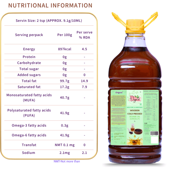 ORIGNUT Pure and Unrefined Cold Pressed Traditional Sesame (Gingelly) Oil -5L - Image 4